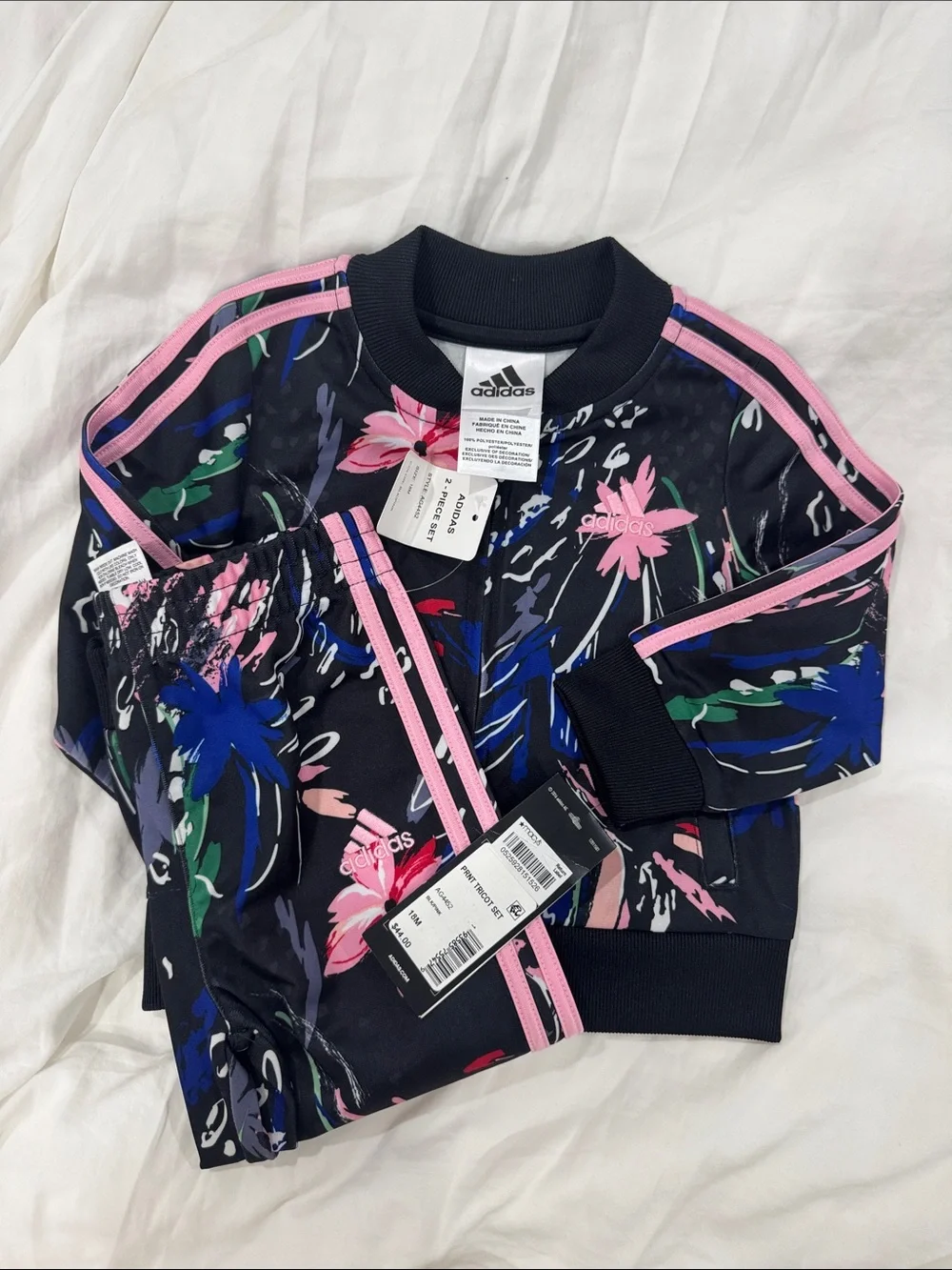 adidas Black Floral Track Jacket & Joggers with Pink Stripes